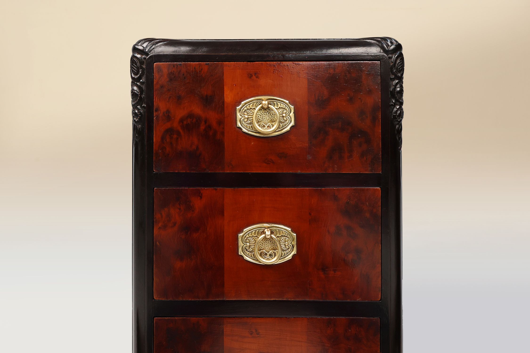 Pair of Art Deco nightstands in burl veneer, oak and copper, France ca. 1910thumbnail
